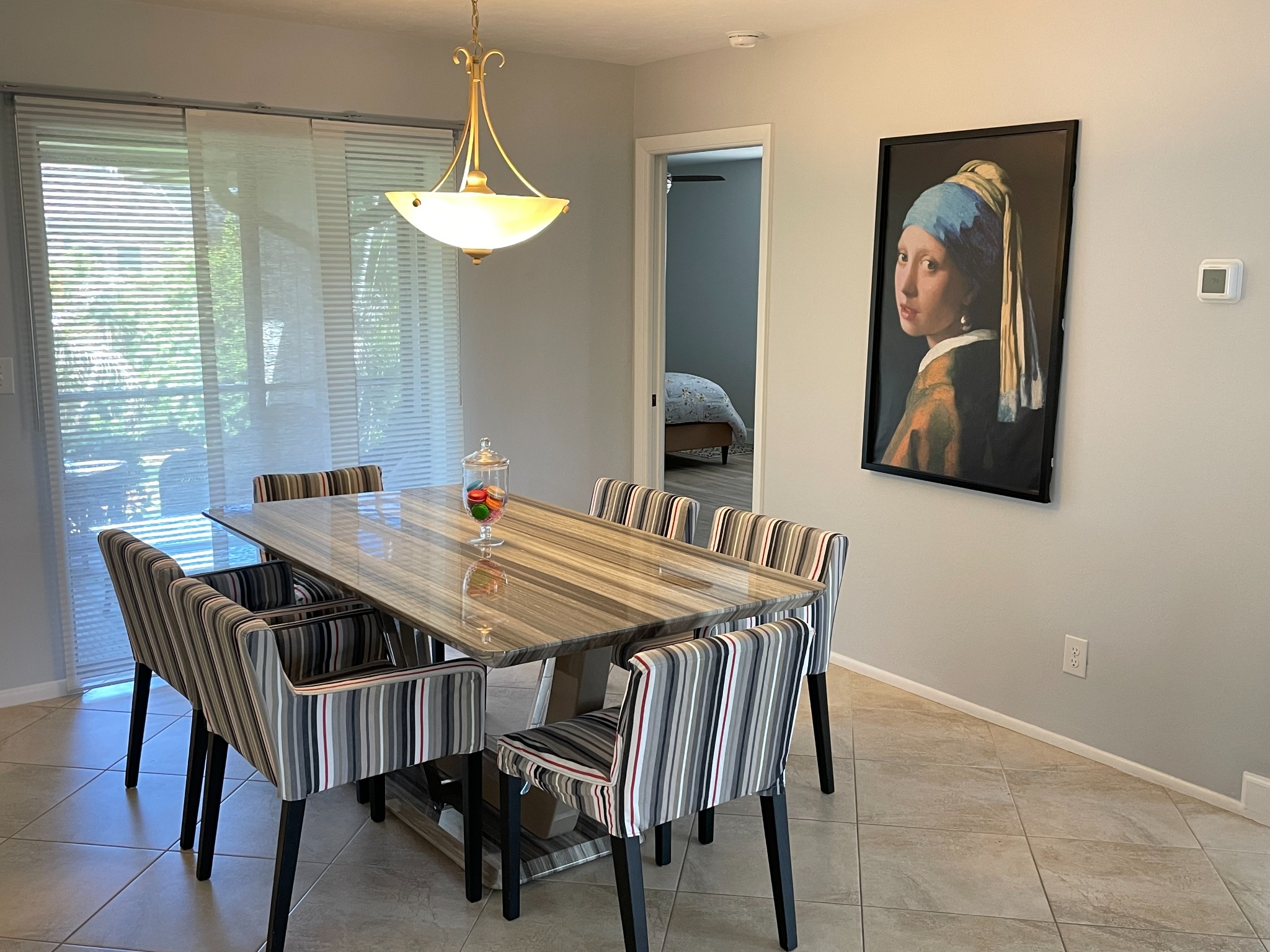 Dining area with table seating for six